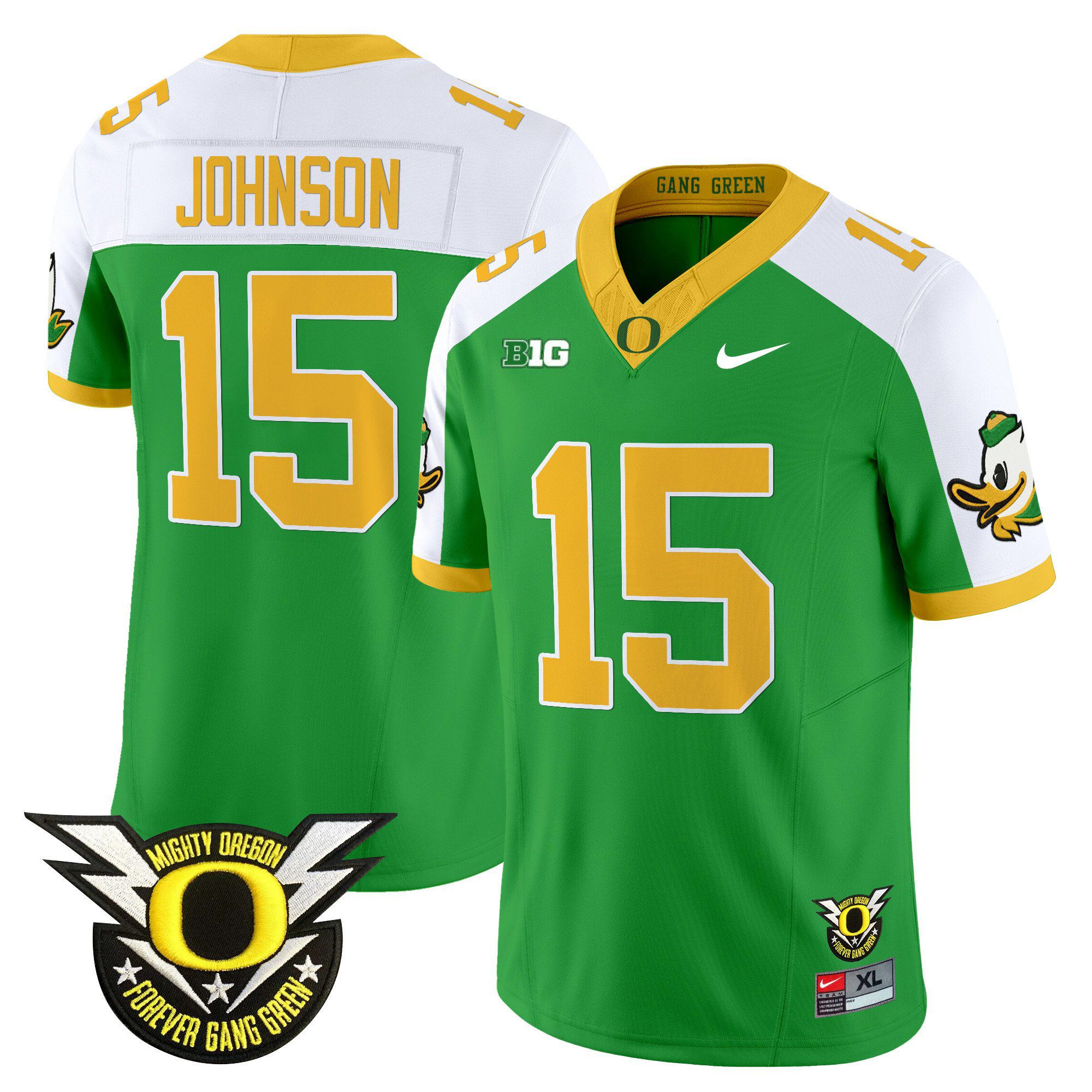 Men Oregon Ducks #15 Johnson Green 2024 Nike Forever Gang Green & BIG Patch Vapor Limited NCAA Jersey style 1->ncaa teams->NCAA Jersey
